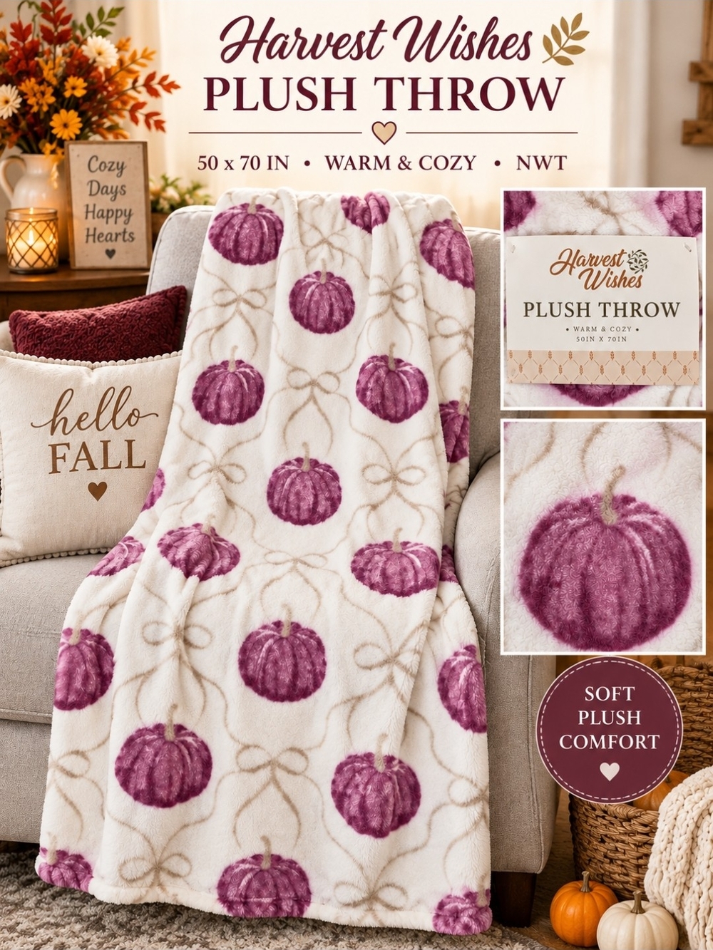 Plush Throw Blanket - Cream with Purple Pumpkin Motif